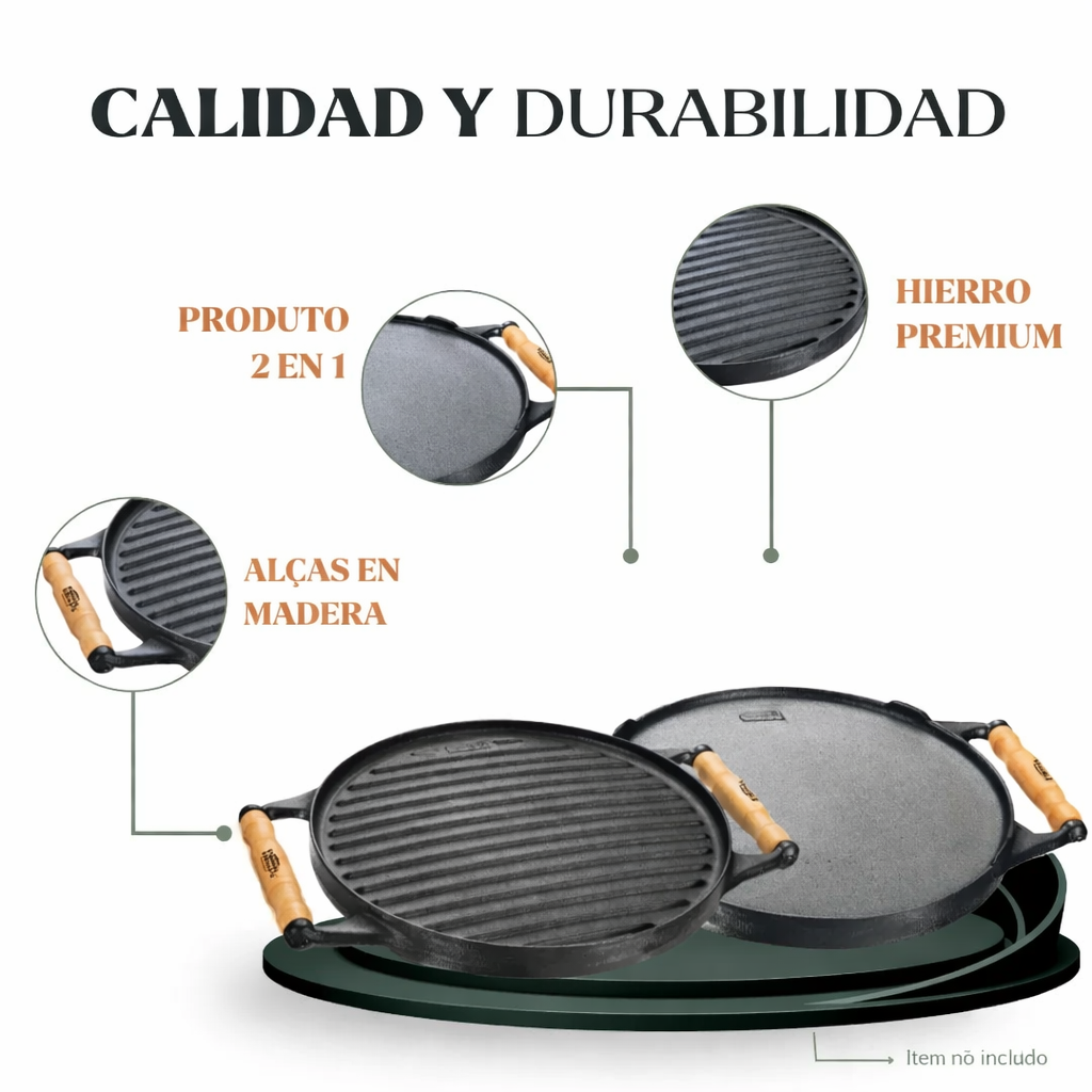 Plancha de hierro doble faz con asas de madera (30cm)