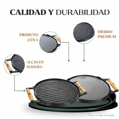 Plancha redonda doble faz de hierro fundido