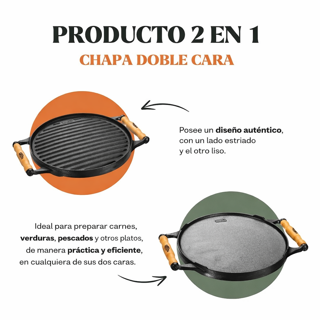 Plancha de hierro doble faz con asas de madera (30cm)
