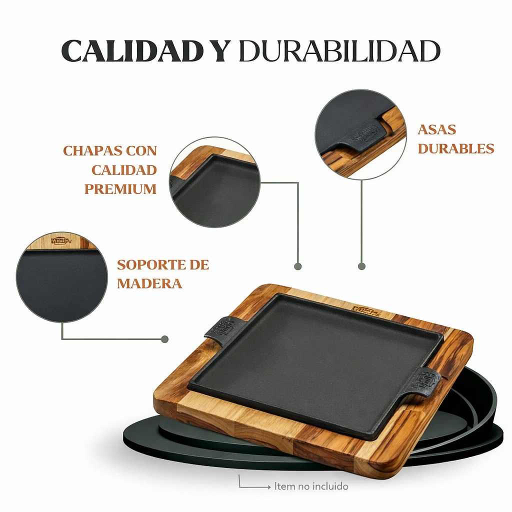 Plancha cuadrada de hierro fundido con base de madera