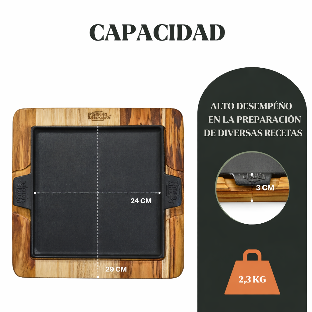 Plancha cuadrada de hierro fundido con base de madera