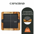 Plancha cuadrada de hierro fundido con base de madera