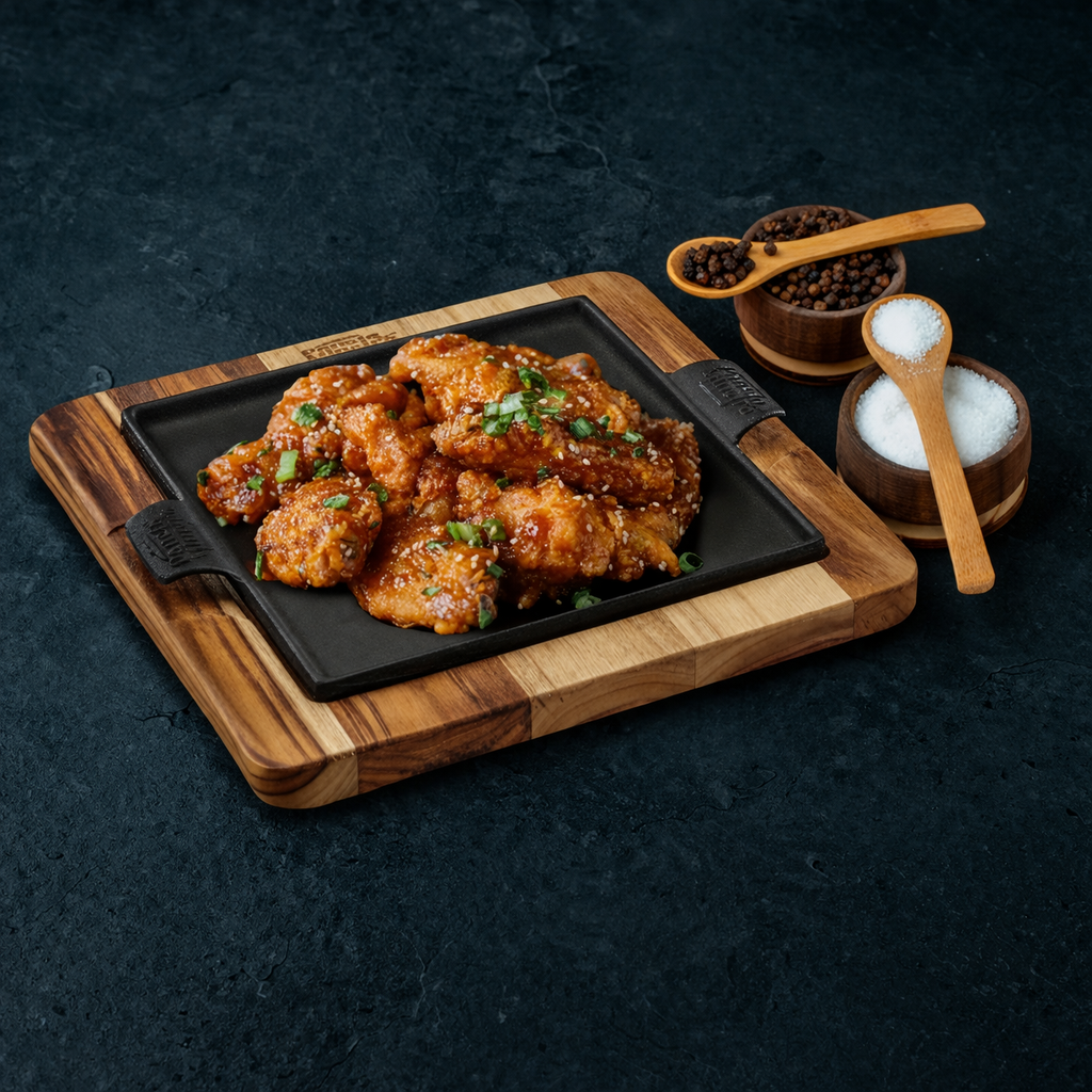 Plancha cuadrada de hierro fundido con base de madera