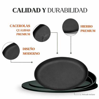 Plato de hierro fundido con soporte de madera