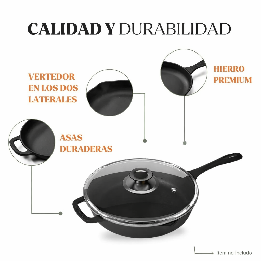 Sartén de Hierro fundido con tapa de vidrio