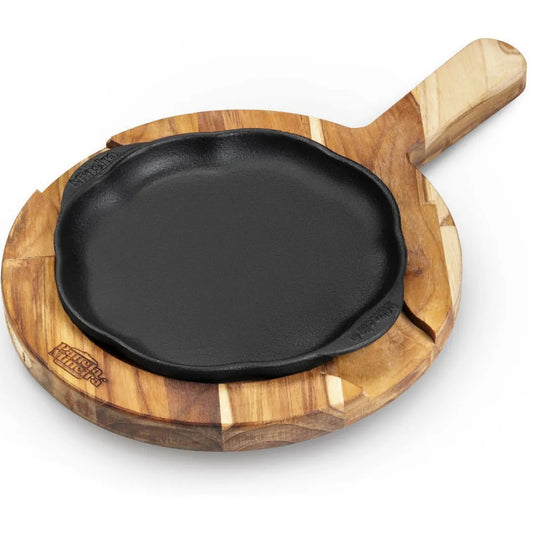 Plancha redonda de hierro fundido con base de madera